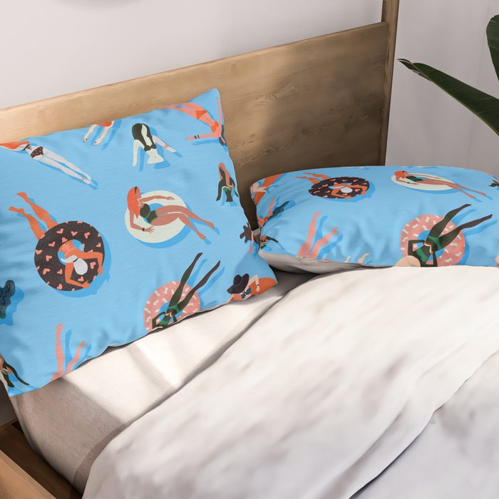 Swimming Ladies - Coral & Blue Palette Pillow Sham Gallery Image 2