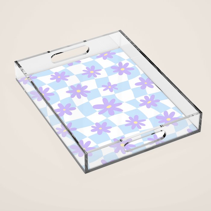 Retro psychedelic flower checkered print Acrylic Tray Gallery Image 1