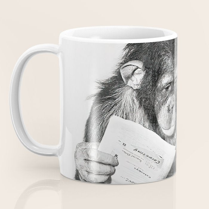 Chimpanzee Reading Newspaper, Black and White Vintage Art Coffee Mug Gallery Image 3