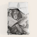 Chimpanzee Reading Newspaper, Black and White Vintage Art Comforter Gallery Image 6