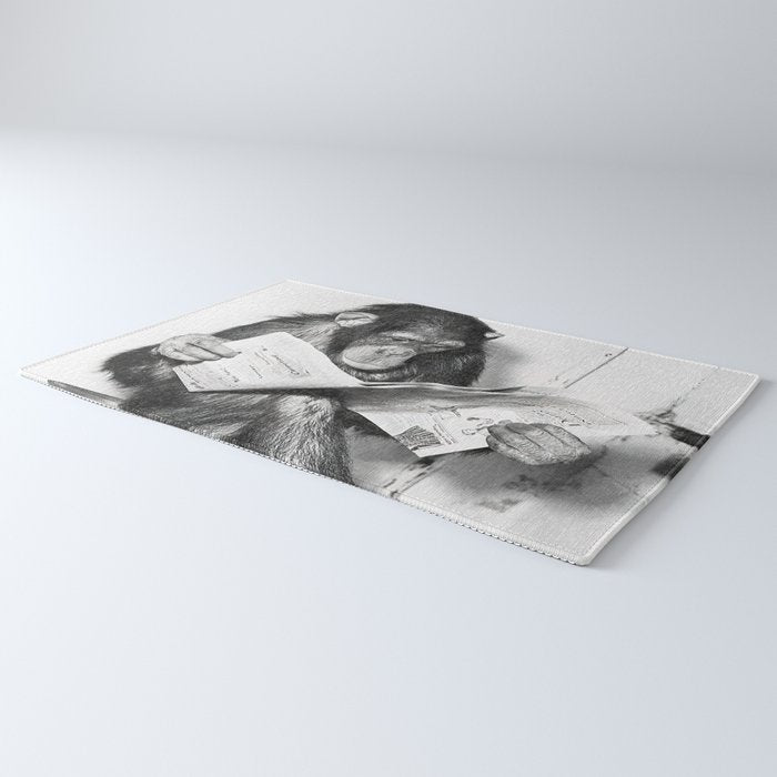 Chimpanzee Reading Newspaper, Black and White Vintage Art Rug Gallery Image 3