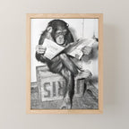 Chimpanzee Reading Newspaper, Black and White Vintage Art Mini Art Print Gallery Image 1