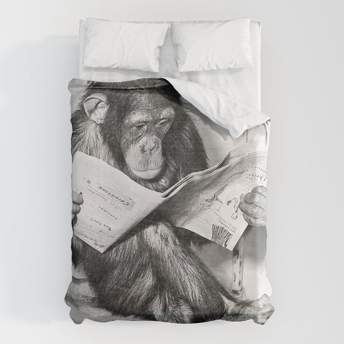 Chimpanzee Reading Newspaper, Black and White Vintage Art Duvet Cover Gallery Image 1