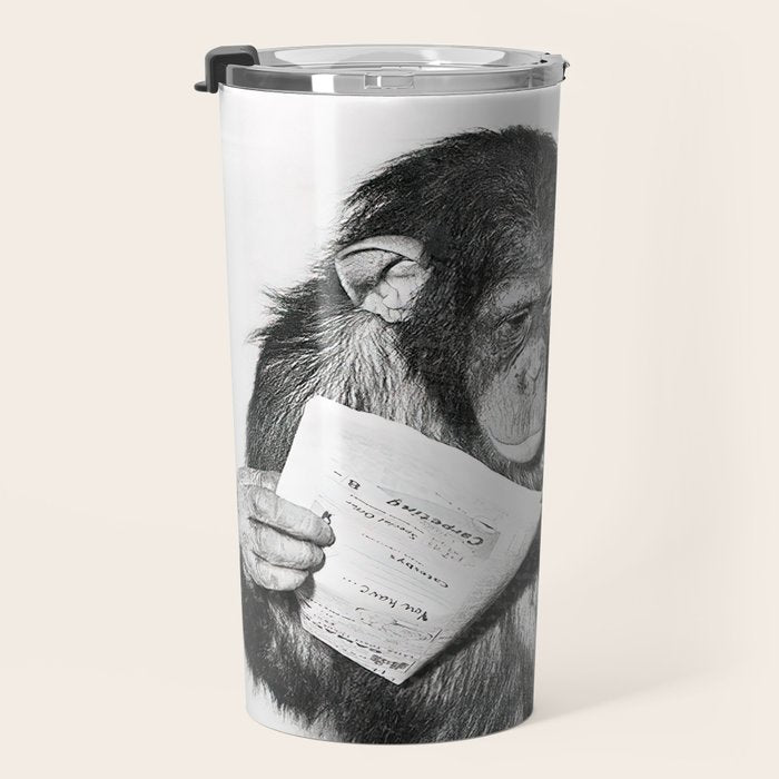 Chimpanzee Reading Newspaper, Black and White Vintage Art Travel Mug Gallery Image 3