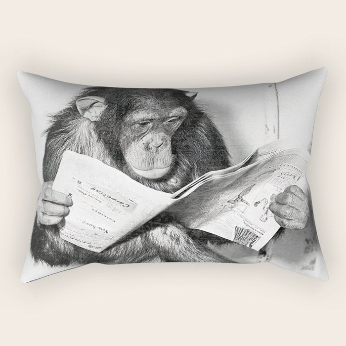 Chimpanzee Reading Newspaper, Black and White Vintage Art Rectangular Pillow Gallery Image 2