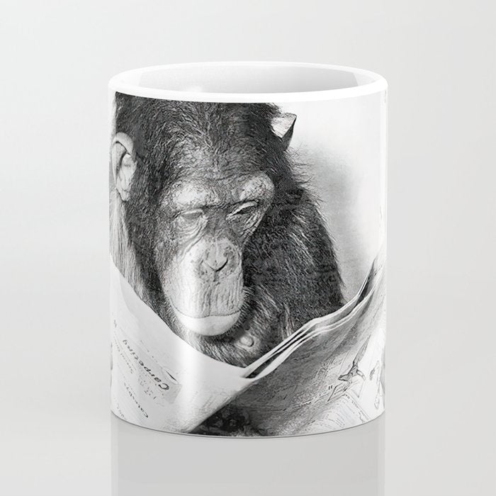 Chimpanzee Reading Newspaper, Black and White Vintage Art Coffee Mug Gallery Image 4