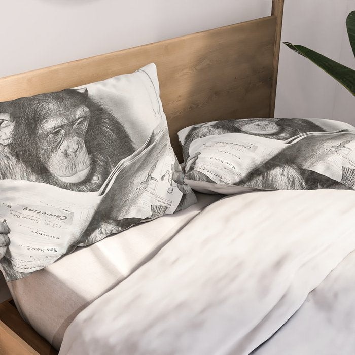 Chimpanzee Reading Newspaper, Black and White Vintage Art Pillow Sham Gallery Image 2