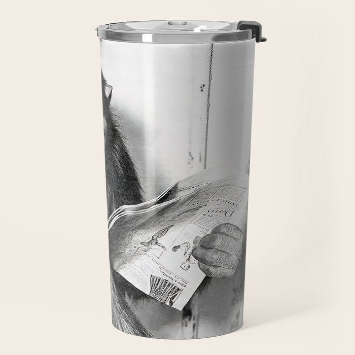 Chimpanzee Reading Newspaper, Black and White Vintage Art Travel Mug Gallery Image 2