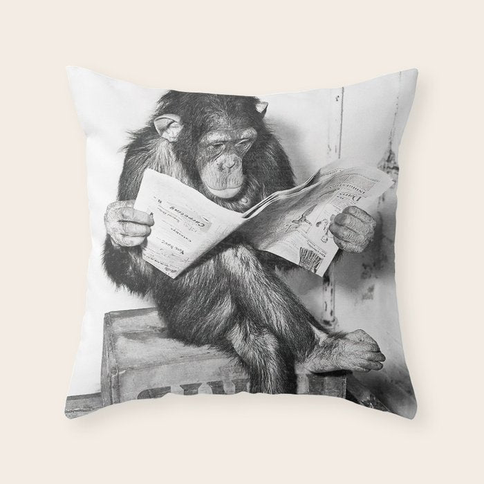 Chimpanzee Reading Newspaper, Black and White Vintage Art Throw Pillow Gallery Image 6