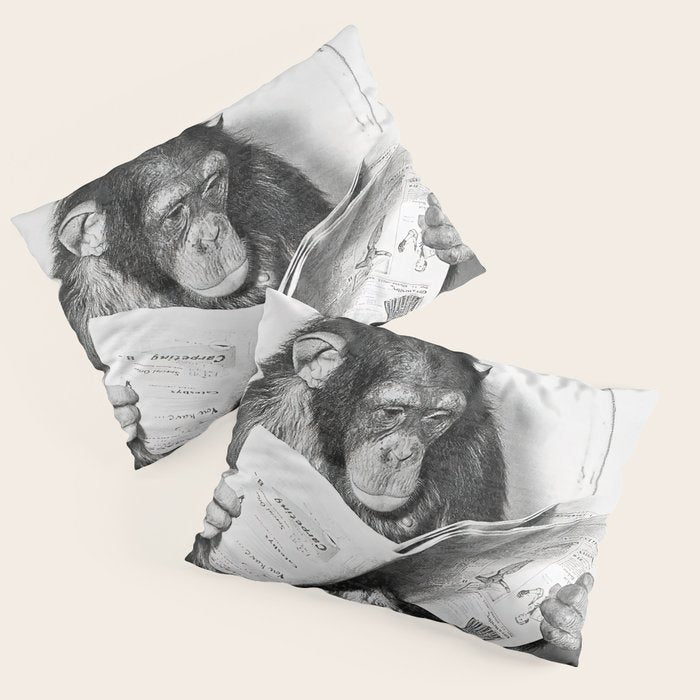 Chimpanzee Reading Newspaper, Black and White Vintage Art Pillow Sham Gallery Image 1