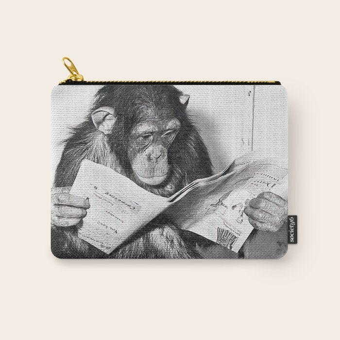 Chimpanzee Reading Newspaper, Black and White Vintage Art Carry All Pouch Gallery Image 1