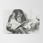 Chimpanzee Reading Newspaper, Black and White Vintage Art Rug Gallery Image 2