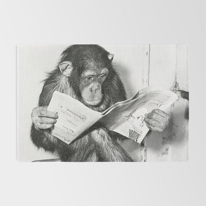 Chimpanzee Reading Newspaper, Black and White Vintage Art Rug Gallery Image 2