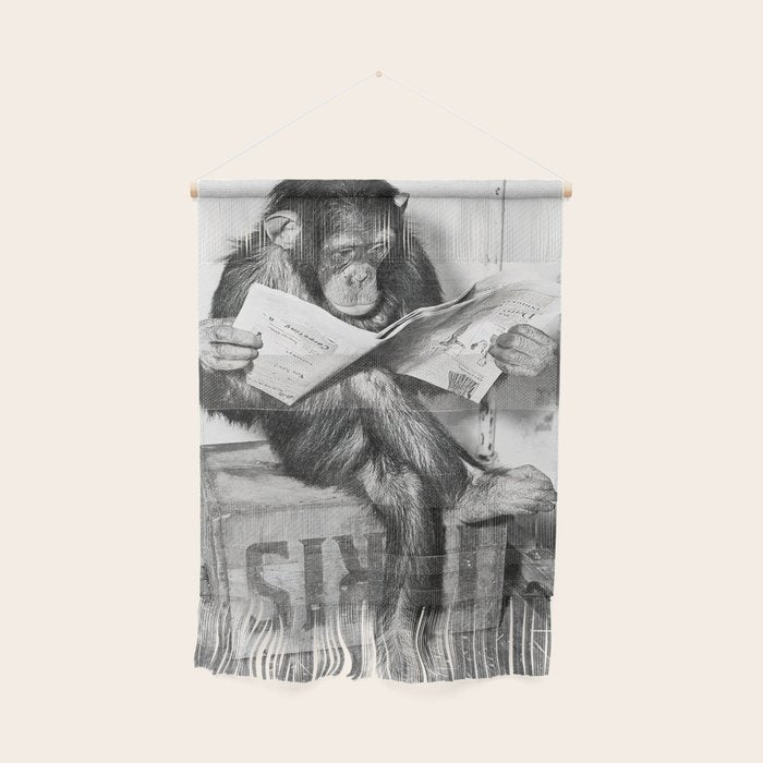 Chimpanzee Reading Newspaper, Black and White Vintage Art Wall Hanging Gallery Image 1