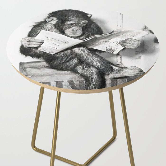 Chimpanzee Reading Newspaper, Black and White Vintage Art Side Table Gallery Image 2