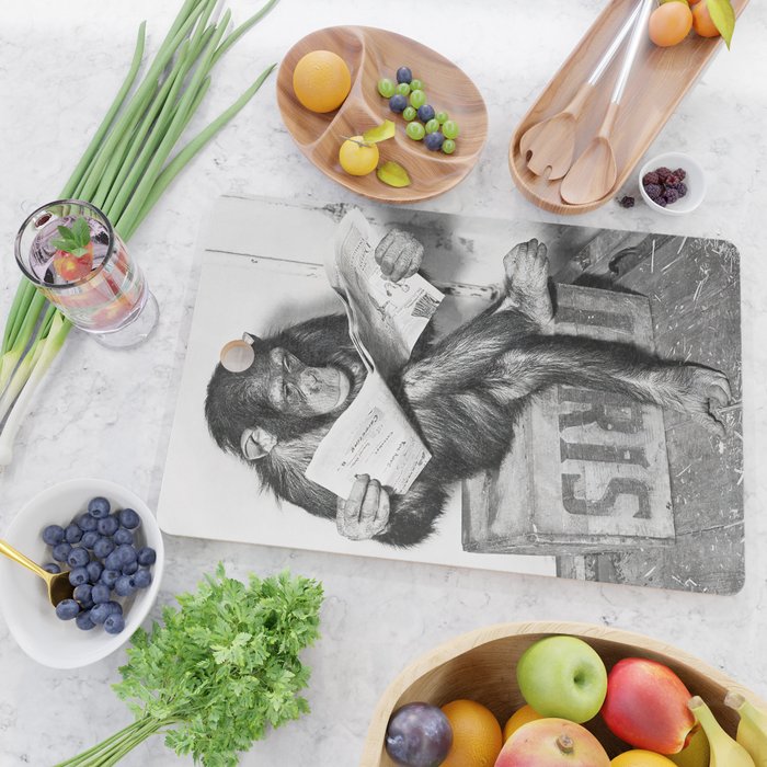 Chimpanzee Reading Newspaper, Black and White Vintage Art Cutting Board Gallery Image 2