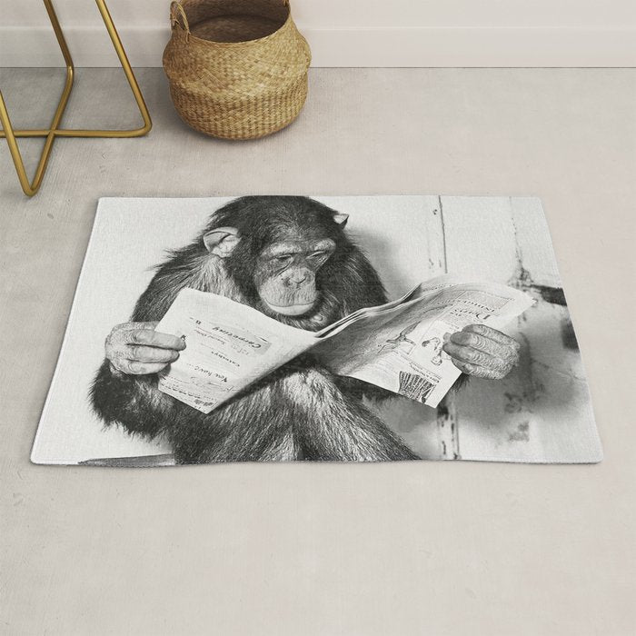 Chimpanzee Reading Newspaper, Black and White Vintage Art Rug Gallery Image 1