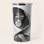 Chimpanzee Reading Newspaper, Black and White Vintage Art Travel Mug Gallery Image 1