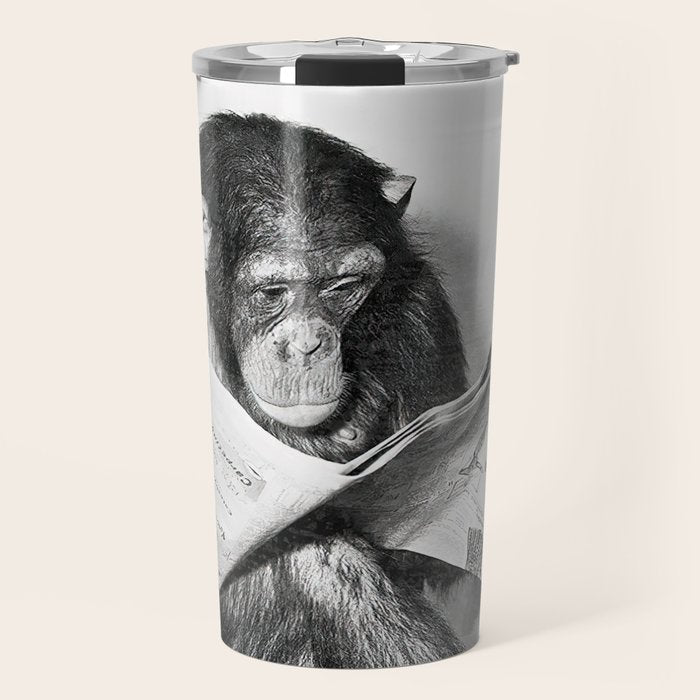 Chimpanzee Reading Newspaper, Black and White Vintage Art Travel Mug Gallery Image 1