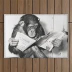 Chimpanzee Reading Newspaper, Black and White Vintage Art Outdoor Rug Gallery Image 1
