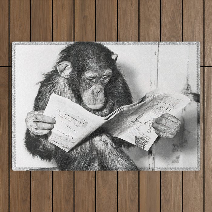 Chimpanzee Reading Newspaper, Black and White Vintage Art Outdoor Rug Gallery Image 1