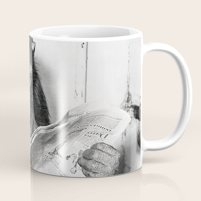 Chimpanzee Reading Newspaper, Black and White Vintage Art Coffee Mug Gallery Image 1