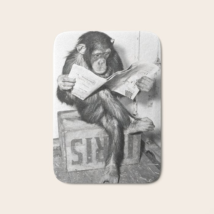 Chimpanzee Reading Newspaper, Black and White Vintage Art Bath Mat Gallery Image 1