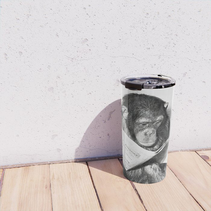 Chimpanzee Reading Newspaper, Black and White Vintage Art Travel Mug Gallery Image 4