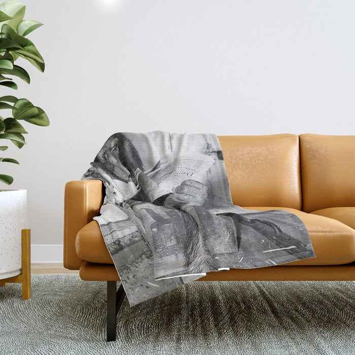 Chimpanzee Reading Newspaper, Black and White Vintage Art Throw Blanket Gallery Image 1