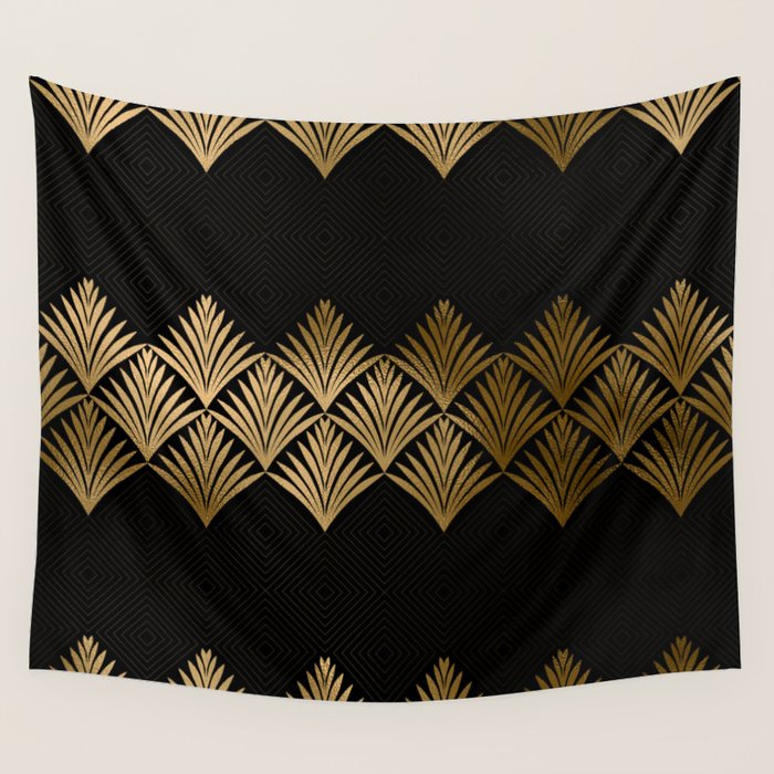 Reims France Luxueux Black and Gold Art Deco Wall Tapestry Gallery Image 1