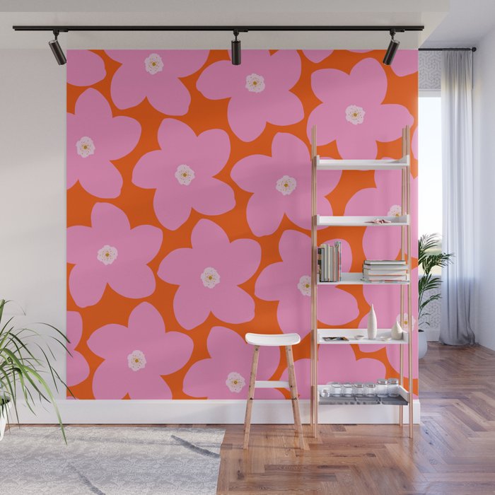 Retro Floral Orange And Pink Print Preppy Decor Abstract Flowers Wall Mural Gallery Image 1
