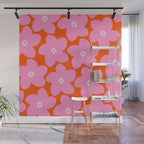 Retro Floral Orange And Pink Print Preppy Decor Abstract Flowers Wall Mural Gallery Image 1