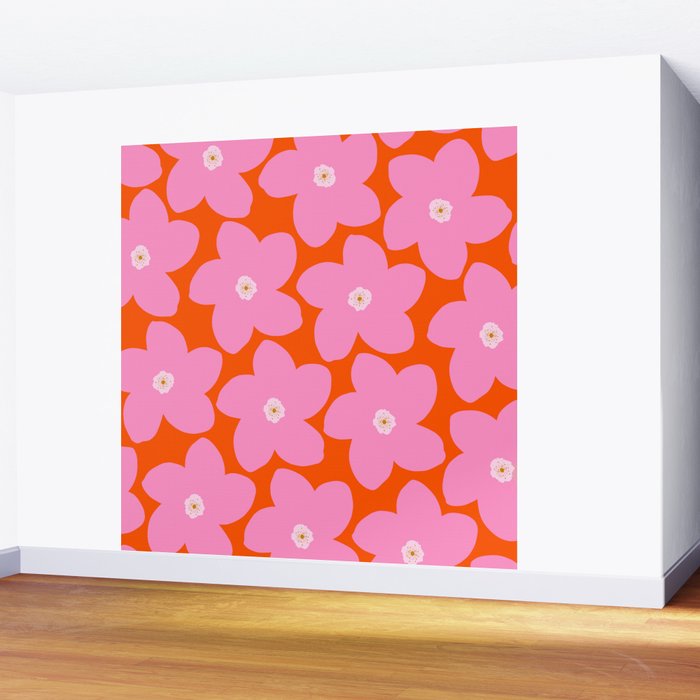 Retro Floral Orange And Pink Print Preppy Decor Abstract Flowers Wall Mural Gallery Image 2