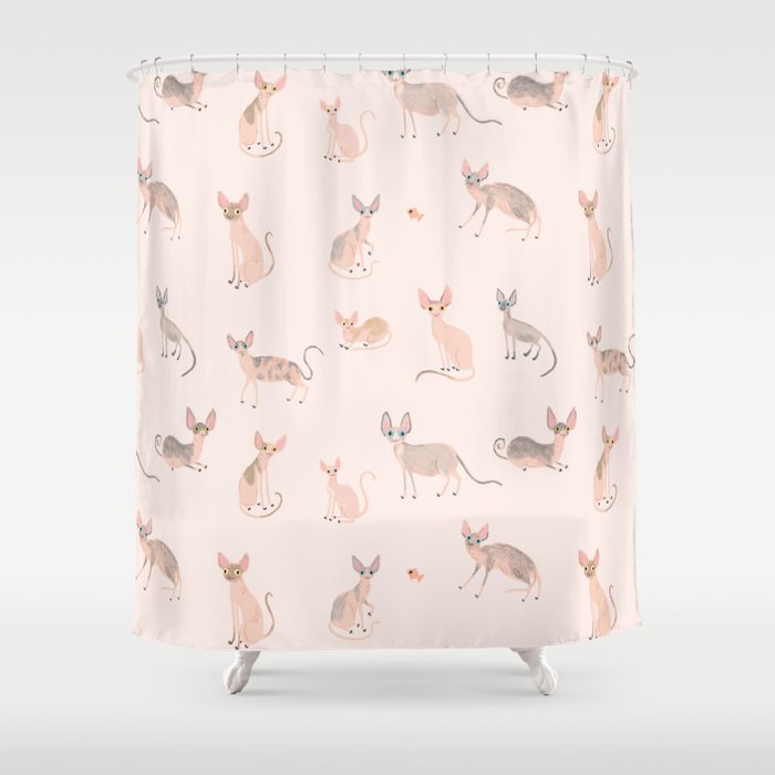 Sphynx Cats - No Furr Don't Care - Cat Pink Shower Curtain Gallery Image 1