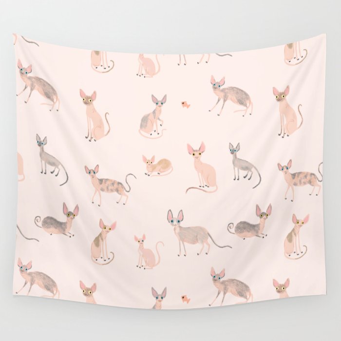 Sphynx Cats - No Furr Don't Care - Cat Pink Wall Tapestry Gallery Image 4