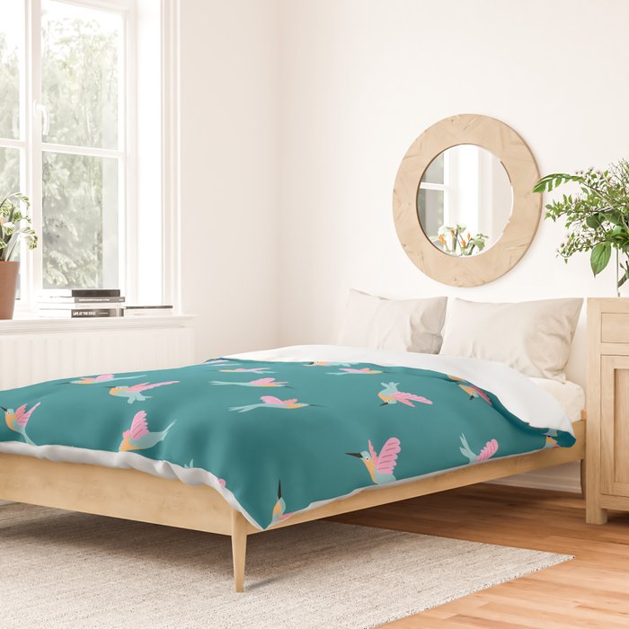 Happy Little Humming Birds on Dark Teal Duvet Cover Gallery Image 2