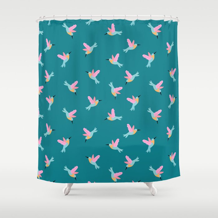 Happy Little Humming Birds on Dark Teal Shower Curtain Gallery Image 1