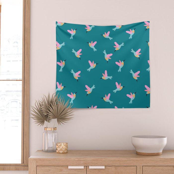 Happy Little Humming Birds on Dark Teal Wall Tapestry Gallery Image 2
