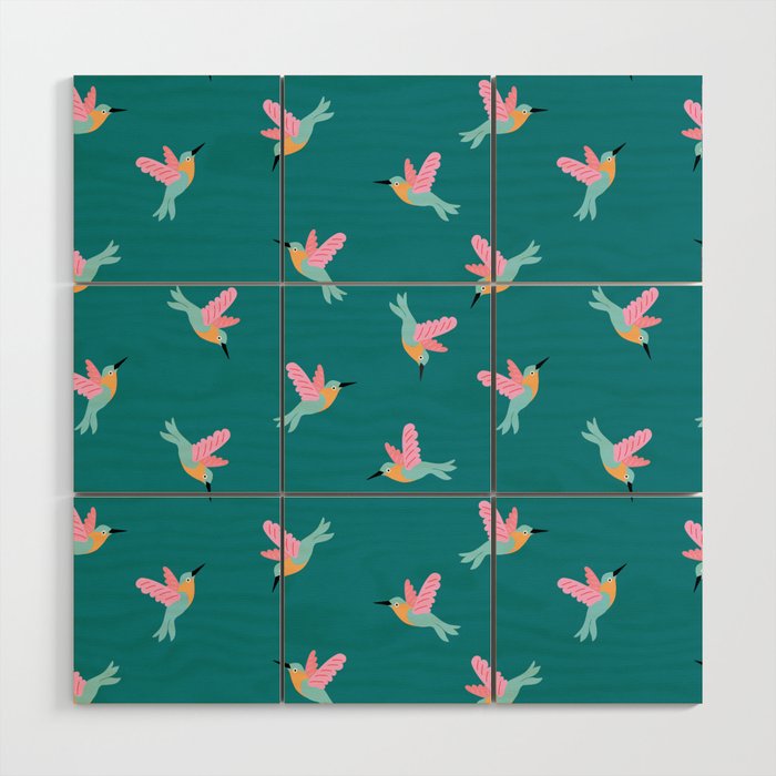 Happy Little Humming Birds on Dark Teal Wood Wall Art Gallery Image 1