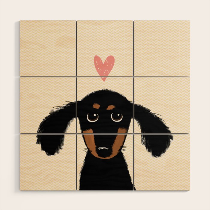 Dachshund Love | Cute Longhaired Black and Tan Wiener Dog Wood Wall Art Gallery Image 1