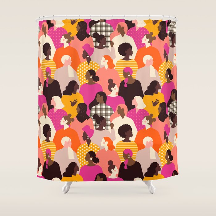 Female diverse faces pink Shower Curtain Gallery Image 1