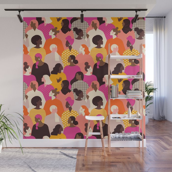 Female diverse faces pink Wall Mural Gallery Image 1