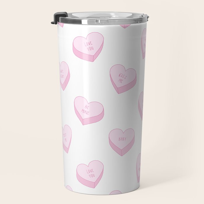 Pink love heart candy pattern Travel Mug Gallery Image 3