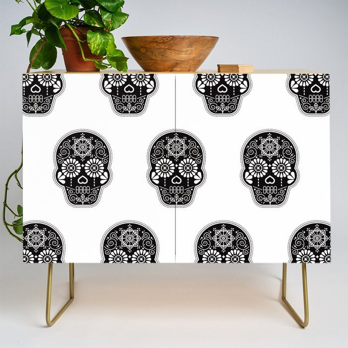DÃ­a de Muertos Calavera â¢ Mexican Sugar Skull - Black Palette Credenza Gallery Image 1