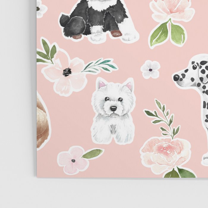 Watercolor Dog Painting, Pink Floral, Dog Pattern, Puppy Dog Decor, Pets, Cute Dogs Poster Gallery Image 3