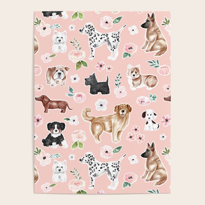 Watercolor Dog Painting, Pink Floral, Dog Pattern, Puppy Dog Decor, Pets, Cute Dogs Poster Gallery Image 4