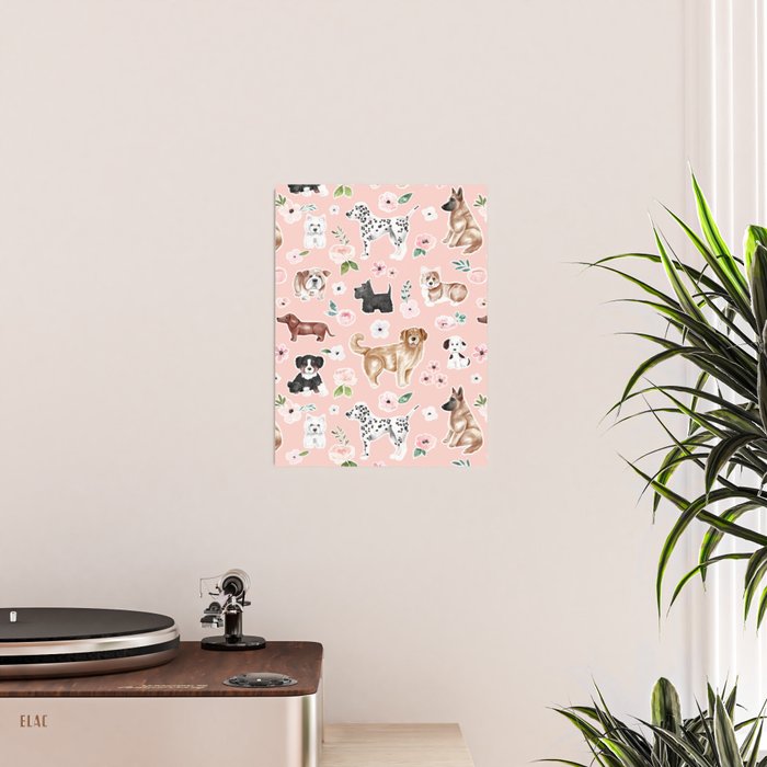 Watercolor Dog Painting, Pink Floral, Dog Pattern, Puppy Dog Decor, Pets, Cute Dogs Poster Gallery Image 2