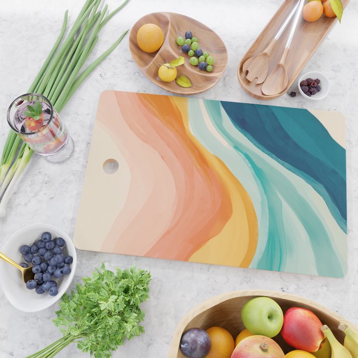 Pink, Yellow, Blue, Watercolor Abstract Sunrise Waves Cutting Board Gallery Image 2