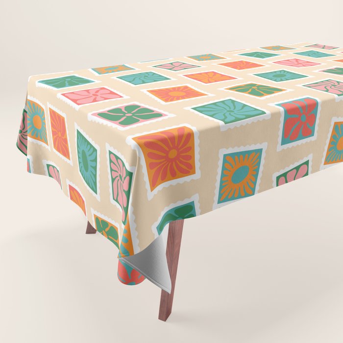 Vintage flower postage stamp pattern Tablecloth Gallery Image 1