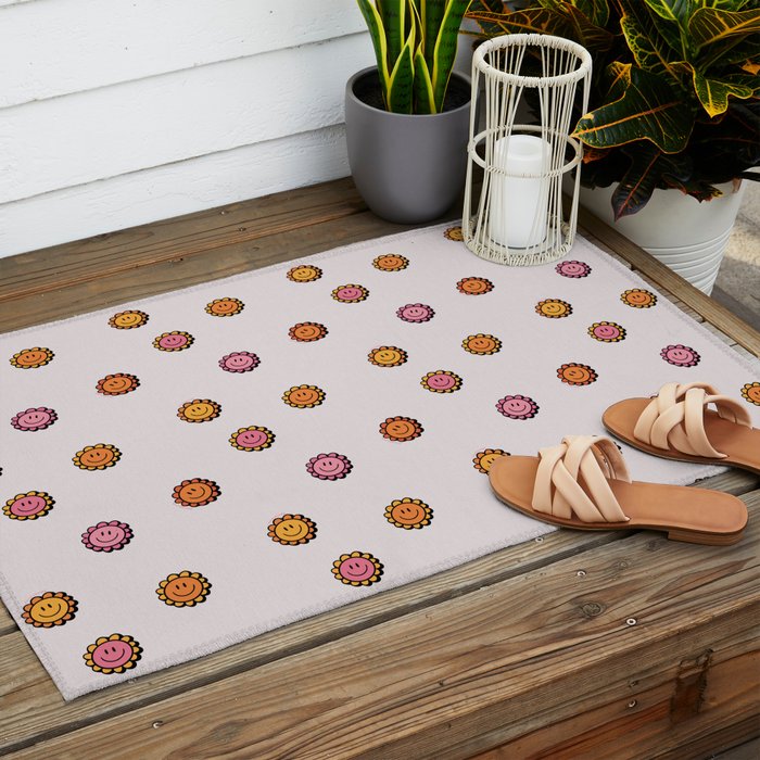 Happy Flower Print in Cream Outdoor Rug Gallery Image 2